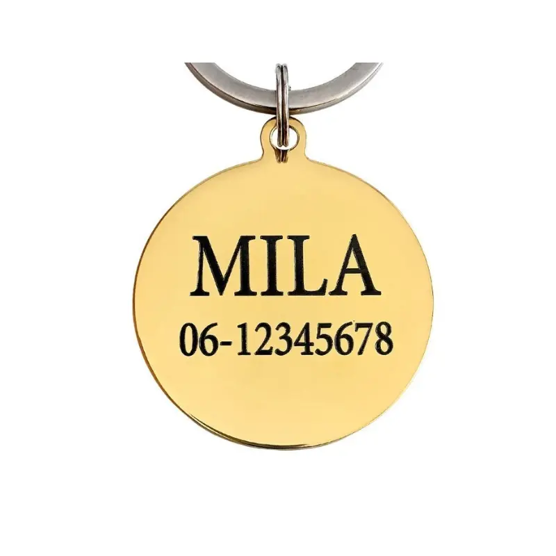 Goede hondenpenning graveren met naam en adres voor hond en kat Laat deze mooi penning gratis aan 2 kanten graveren met je gegevens goud